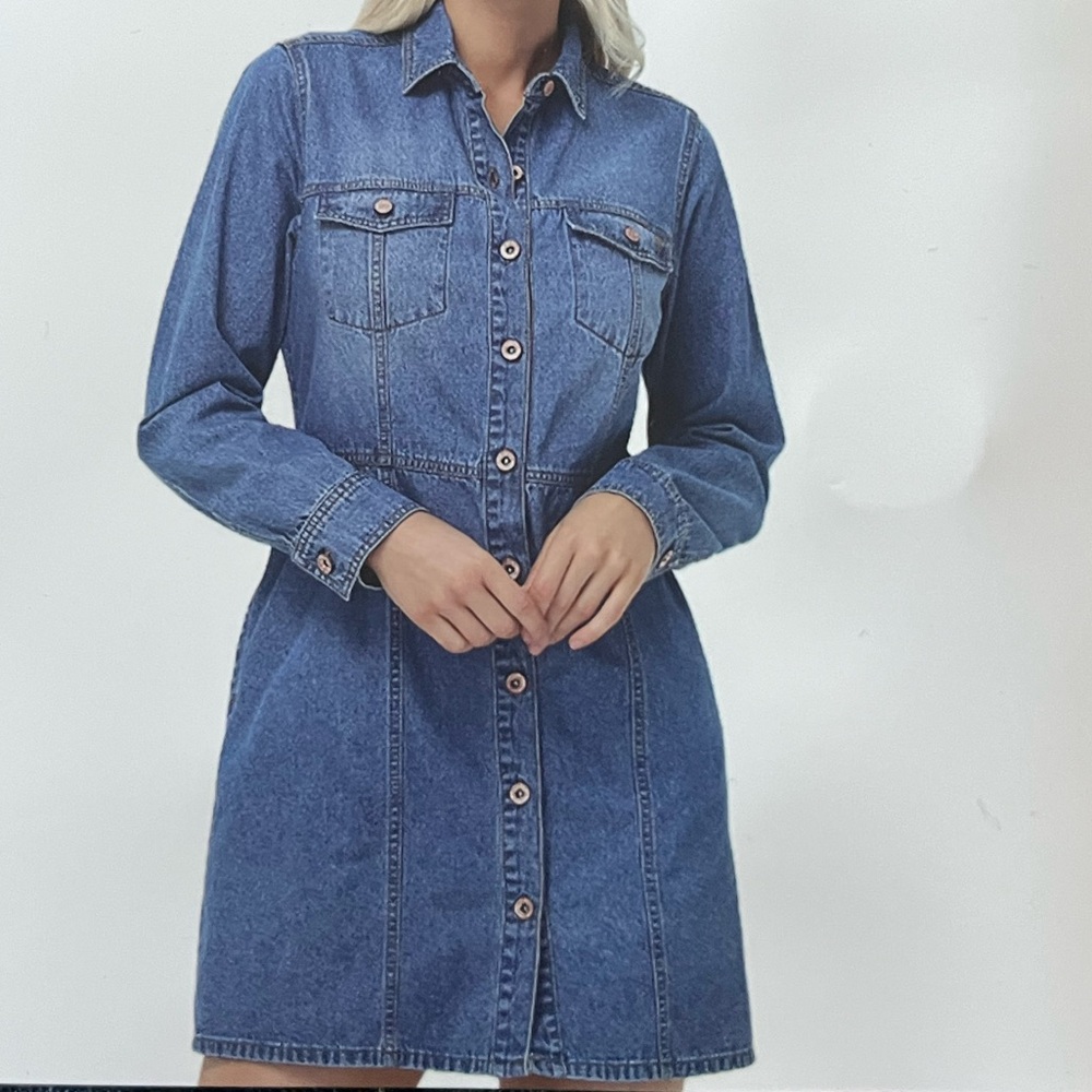 Frye Blue Denim Long Sleeve Blue Denim Dress - Size Large